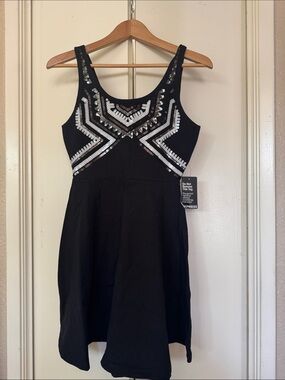 Express Black Skater Dress with Silver Sequin Geometric Detail